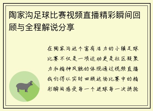 陶家沟足球比赛视频直播精彩瞬间回顾与全程解说分享